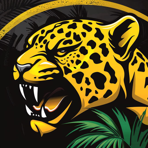 Fierce jaguar sports logo in yellow and black, with a tropical background