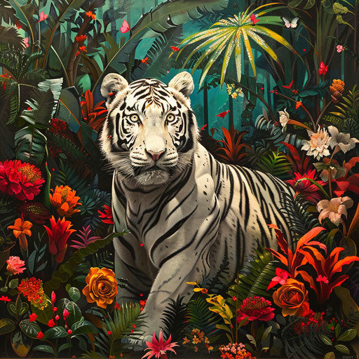 The vibrant life around a white tiger in a tropical forest