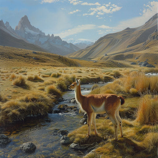 Vicuna near a serene mountain stream