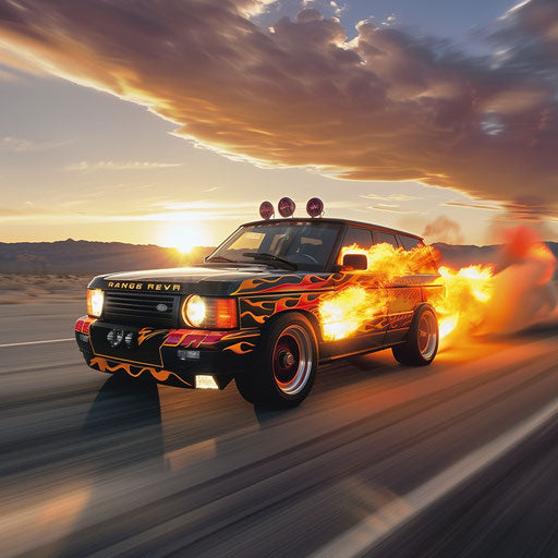 Modified 4x4 with supercharged engine and flame decals on desert highway at sunset