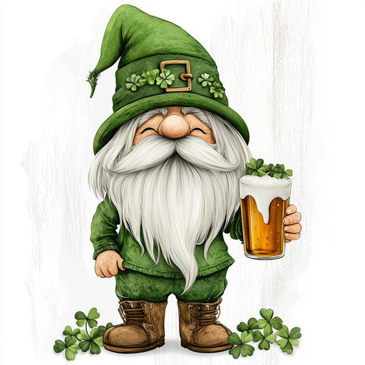 St. Patrick's Day, Cute Gnome with Green Hat and Shamrocks, Holding Beer Mug
