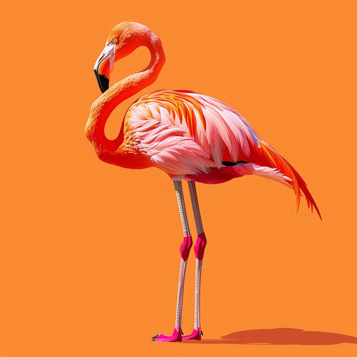 Realistic flamingo clipart on flat sunset orange background