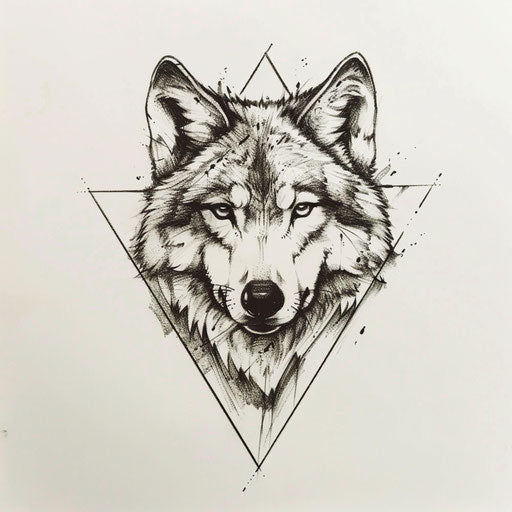 Triangle tattoo with wolf face on white background