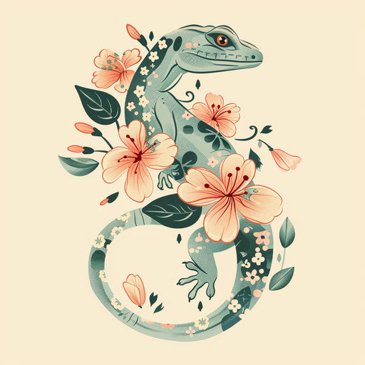 Elegant flat tattoo sketch of lizard with floral patterns