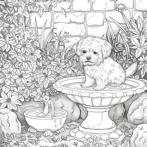 Garden scene with a puppy and a birdbath