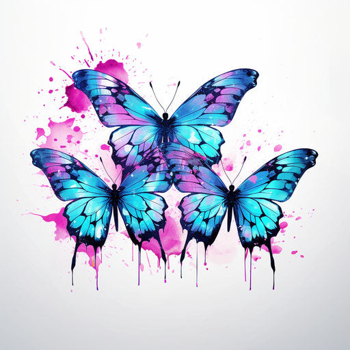 Three watercolor butterflies with purple and blue patterns