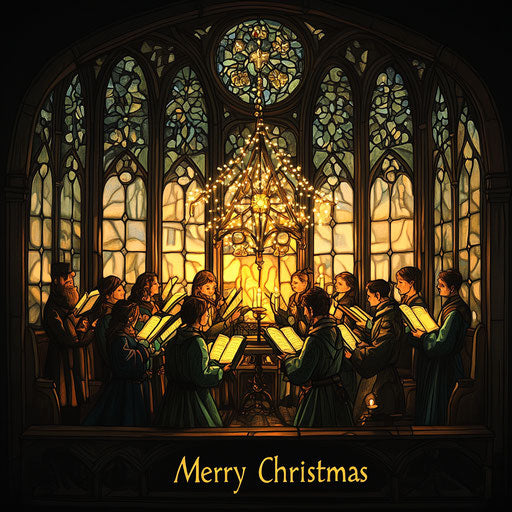 Merry Christmas in a candlelit church with gothic stained glass