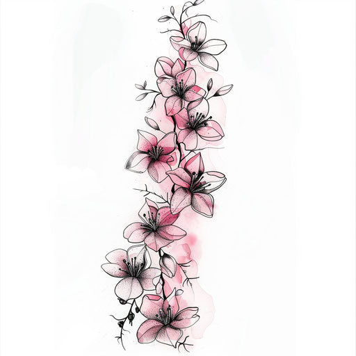 Delicate cherry blossom spine tattoo digital drawing