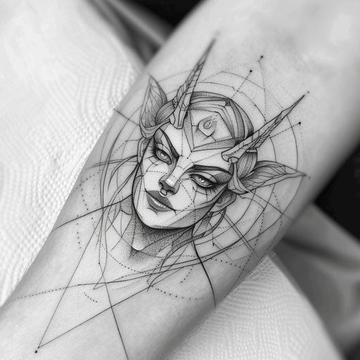 Bold flat tattoo sketch of Artemis with sharp angular features