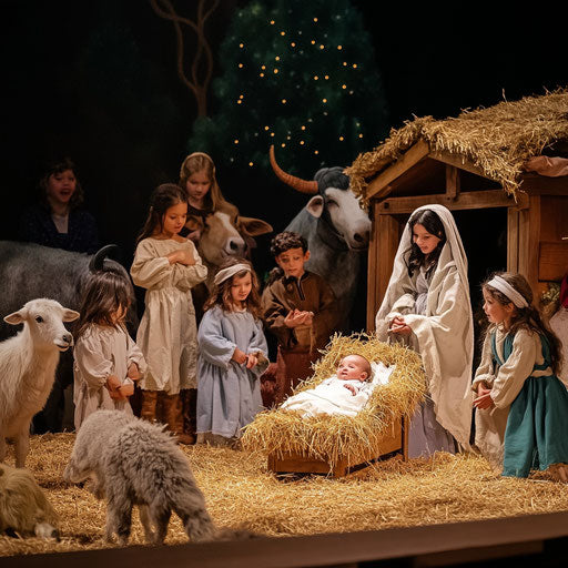 A lively nativity scene with children dressed as Mary, Joseph, and shepherds, a real baby in the crib, and animals milling about