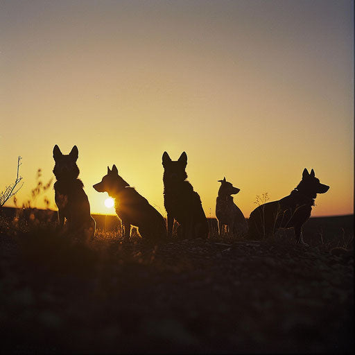 Pack of wild dogs silhouetted against the setting sun in a barren landscape