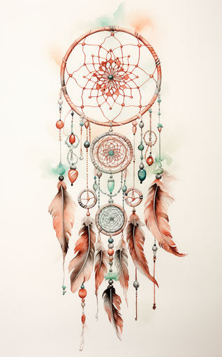 Dream catcher, feathers, light red and dark emerald, animal motifs