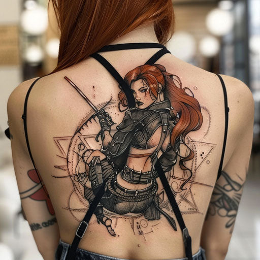 Dynamic spine tattoo inspired by comics for women