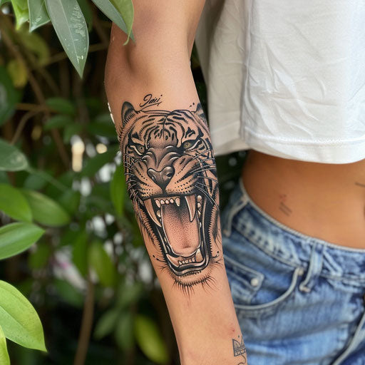 Arm tattoo with a fierce tiger, in the style of Ami James