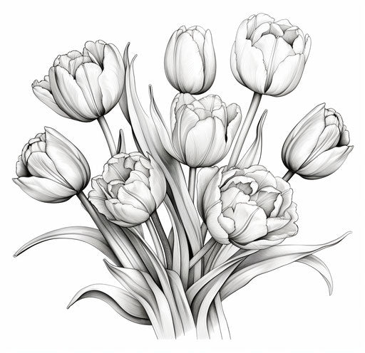 Tulip drawings in black and white, white background style