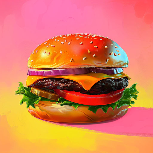 Cheeseburger clipart in photo realistic style with flat random color background, enhanced detail and vivid colors