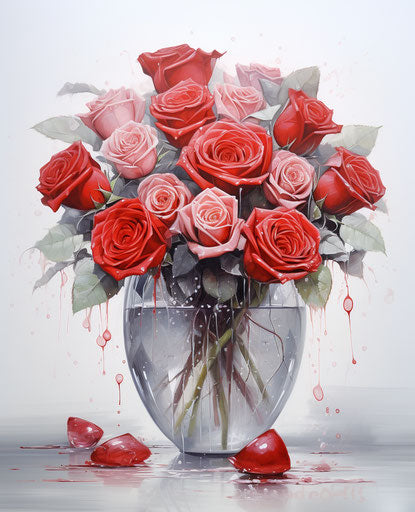 Red roses in an acrylic vase with a heart flower, animated gif style, light red and gray, wet-on-wet blending, wimmelbilder, exotic, sharp/prickly 25:31