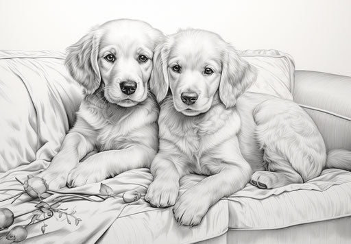 Two coloring pages and books, black and white dogs