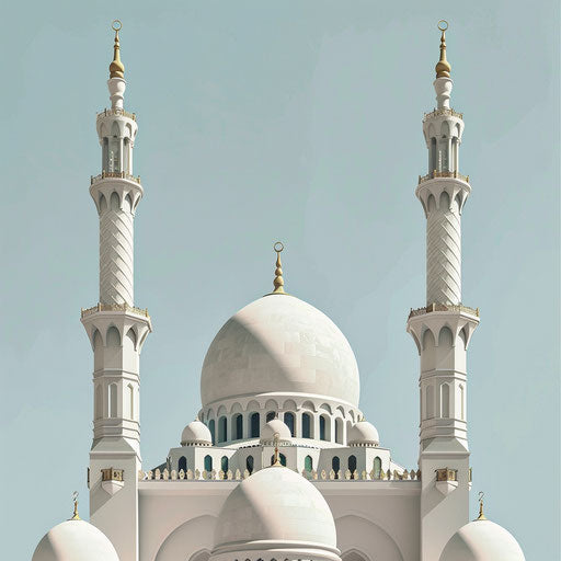Mosque clipart with light blue background, photo realistic style