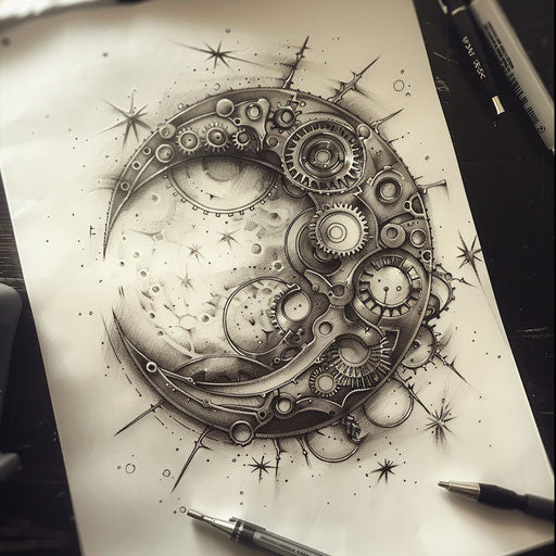 Steampunk inspired tattoo drawing of a mechanical moon with gears and star bolts, on a white sheet