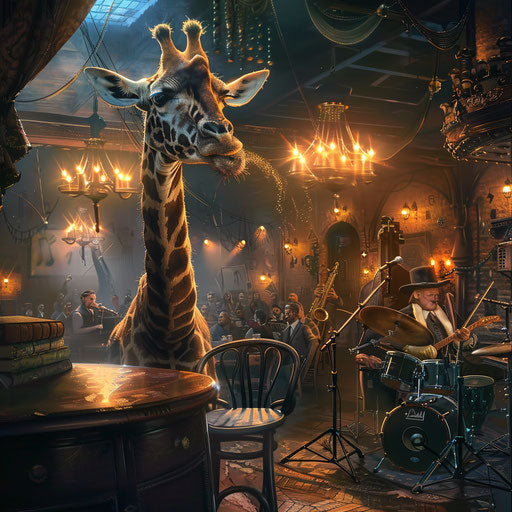 A giraffe leading a band in a lively jazz club