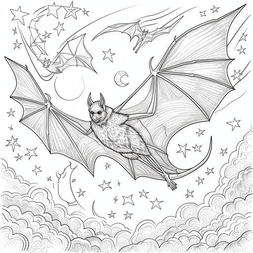 Detailed bat flying in a starry night sky. Coloring book