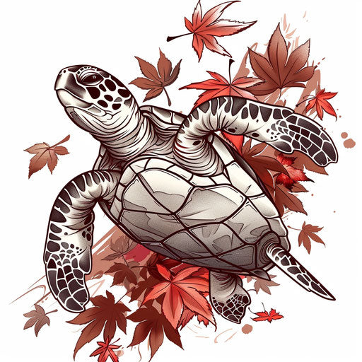 Japanese turtle with maple leaves tattoo on white background