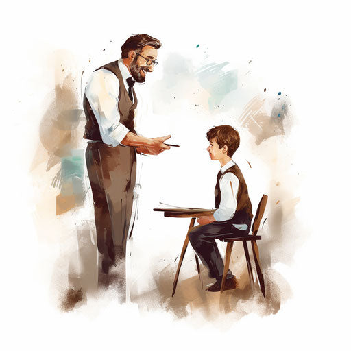 Teacher and student in Chiaroscuro Art style on white background
