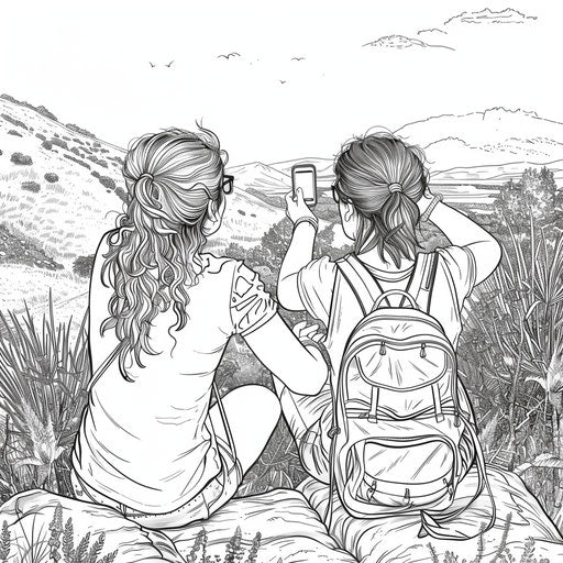 Two friends taking a selfie with a scenic background. Coloring book page