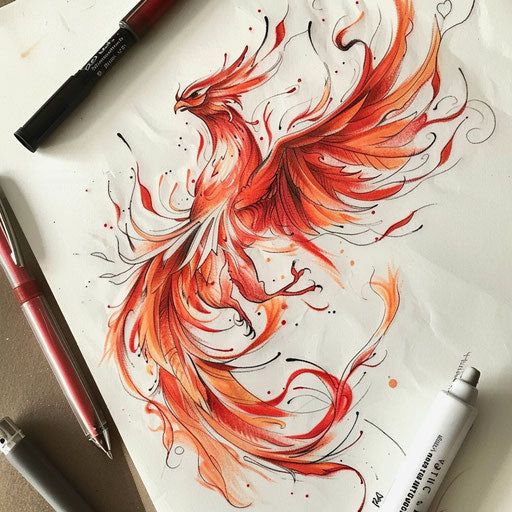 Elegant tattoo sketch of a phoenix rising, fiery red and orange colors in a simplistic style