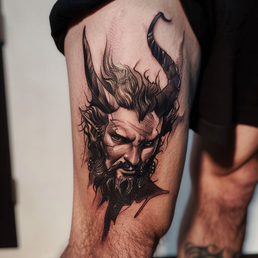 Realistic tattoo of Hades portrait, detailed with shadows and highlights