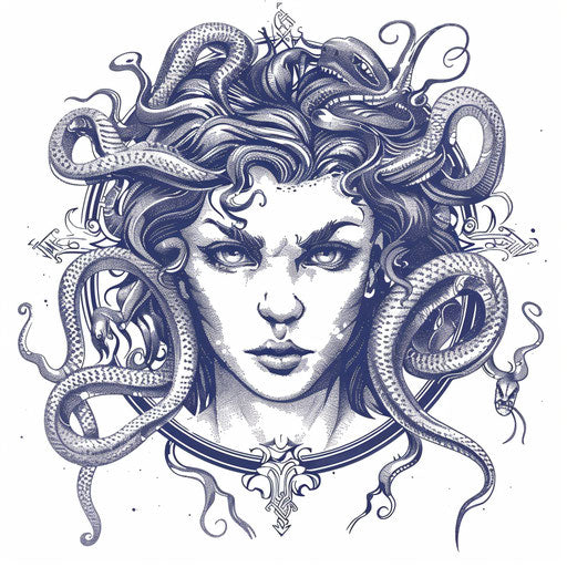 Elaborate portrayal of Medusa with snakes for hair, designed as a captivating Greek tattoo on a white background