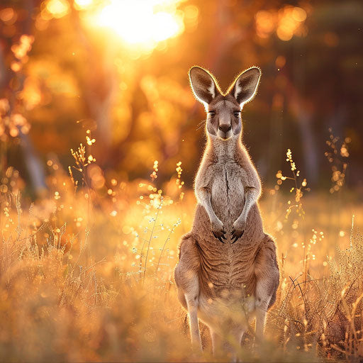Red kangaroo standing tall in a sunlit meadow