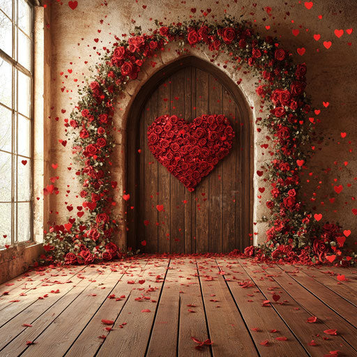 Valentine's Day backdrop with red heart-shaped arch and flowers
