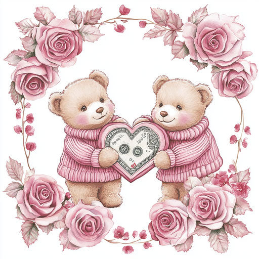 Adorable pair of teddy bears in pink sweaters among roses