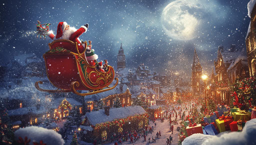 Flying sleigh of Santa Claus in snowy city's night sky