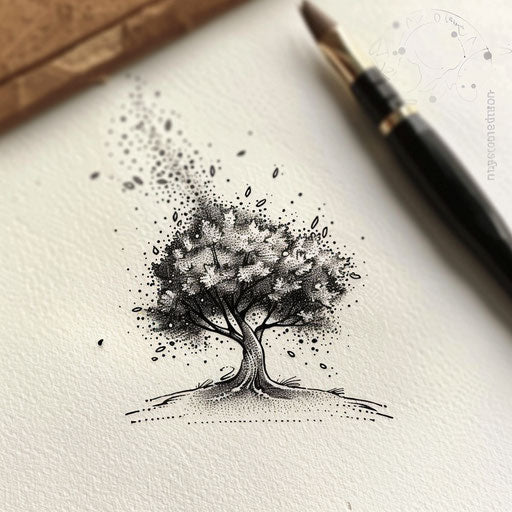 Nature-inspired flat tattoo sketch of a tree with leaves made of small dots