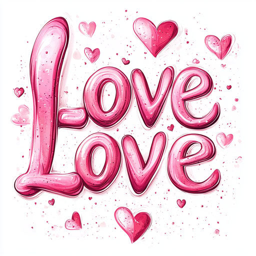 Pink 'Love' word with hearts, white background, sticker design, pastel, cute, watercolor, high detail
