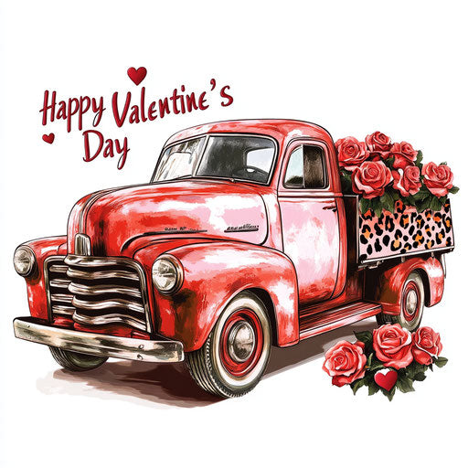 1930s-style red truck with roses and leopard print in the bed, text 'Happy Valentine's Day', white background