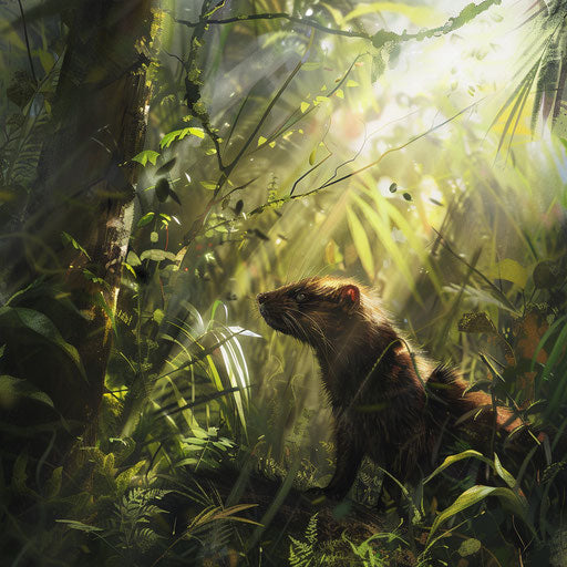 Wild mink in lush forest