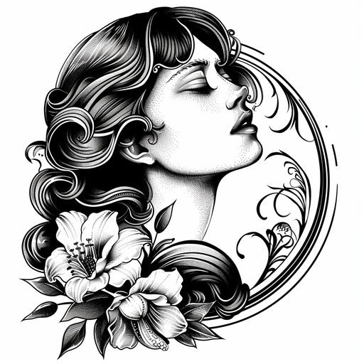 Dotwork sketch of an elegant woman with floral motifs