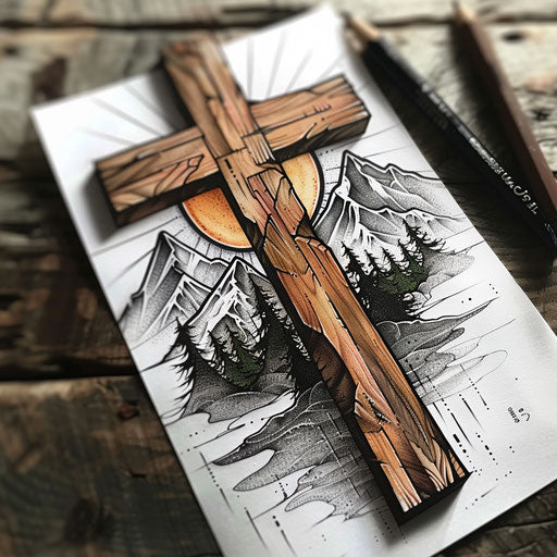Wooden cross against rugged mountain backdrop