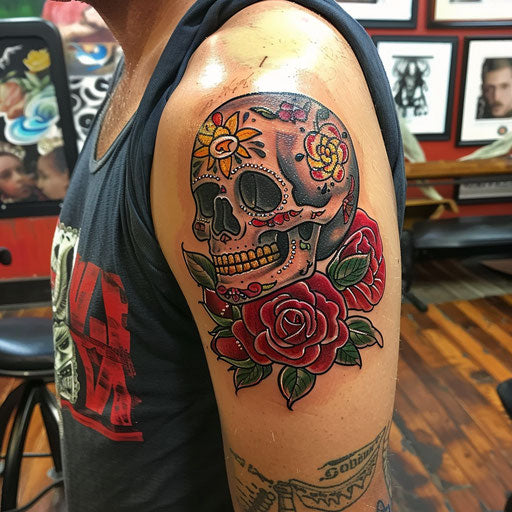 Cool tattoos for men with vintage skull and roses on arm