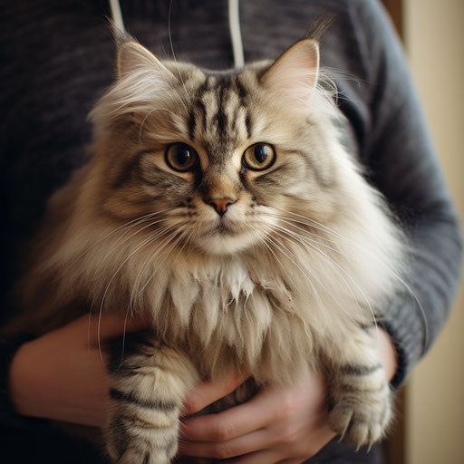 A siberian cat being held by its owner