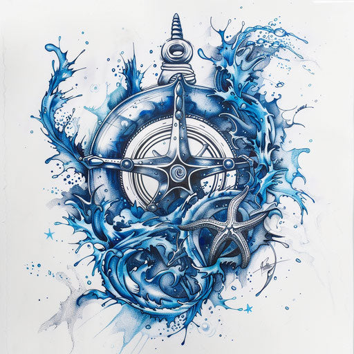 Nautical tattoo sketch of a hakuna matata symbol with oceanic elements and blue tones
