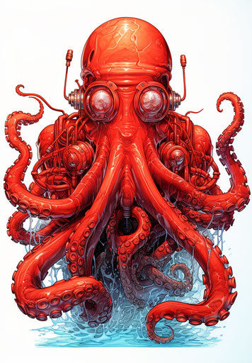 Octopus with helmet drawing, light crimson style, seapunk