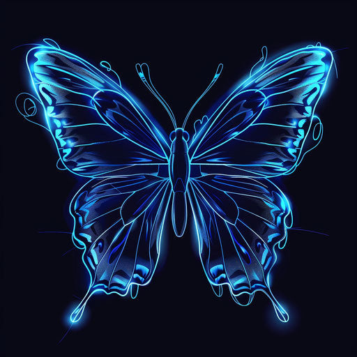 Bold flat tattoo sketch of a blue butterfly with neon outlines on a dark background