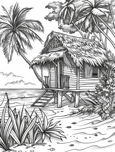 Coloring page with hut on the beach, intricate exotic realism style 3:4