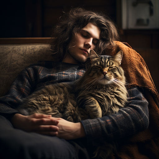 Norwegian forest cat sleeping on a couch with its owner