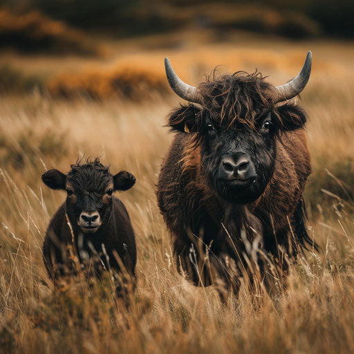Yak mother and calf walking through a meadow of tall grasses